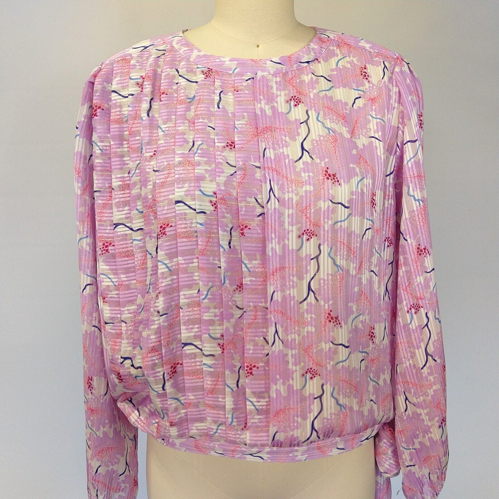 Vintage 80s Floral Blouse Size M Purple Georgette Bow Glam Long Sleeve Metallic - Picture 9 of 9